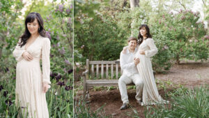 dreamy floral classic maternity photoshoot in lilac garden